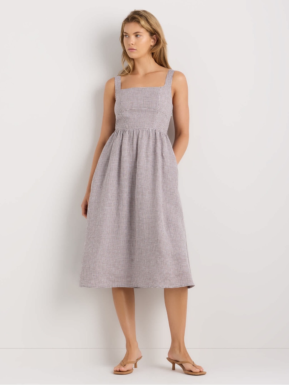 Quince European Linen Fit & Flare Gingham Midi Dress Taupe Brown Size S